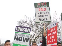 Marchers on last Saturday’s demonstration in London demand the lifting of the siege on Gaza