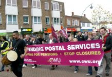 Milton Keynes Mail Centre workers march to defend jobs. Royal Mail is threatened with privatisation