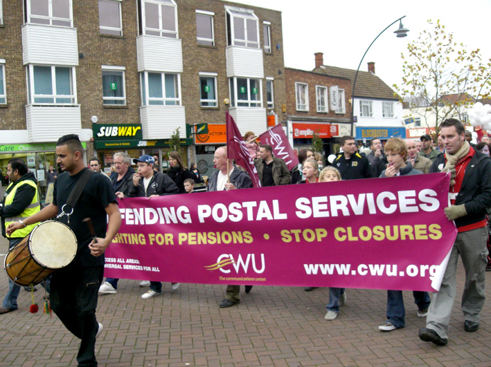 Milton Keynes Mail Centre workers march to defend jobs. Royal Mail is threatened with privatisation