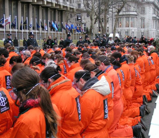 Protest outside the US Embassy in London in January 2007, the fifth anniversary of the opening of Guantánamo Bay prison