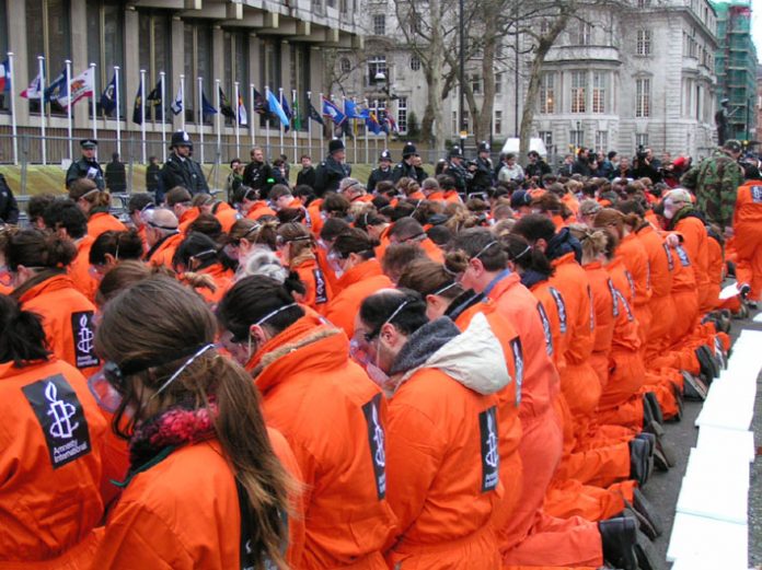 Protest outside the US Embassy in London in January 2007, the fifth anniversary of the opening of Guantánamo Bay prison