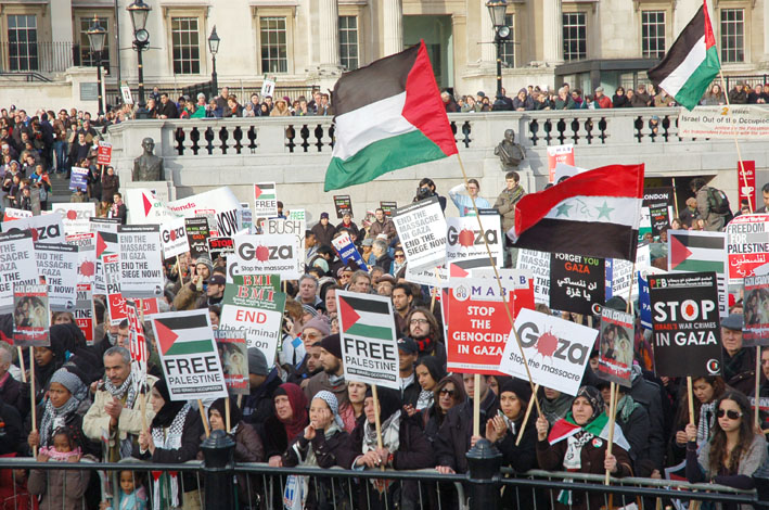 A section of the 10,000-strong rally for a free Palestine at Trafalgar Square on Saturday