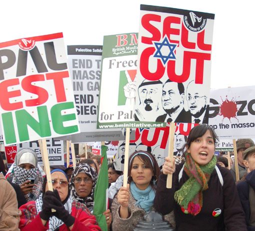 A section of the 10,000-strong rally in Trafalgar Square on Saturday show their support for the Palestinian struggle