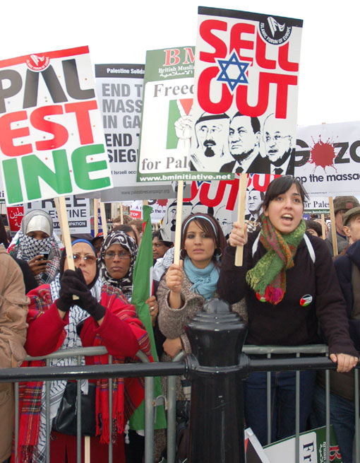 A section of the 10,000-strong rally in Trafalgar Square on Saturday show their support for the Palestinian struggle