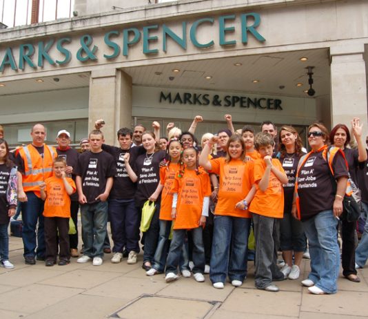Marks & Spencer suppliers Fenland Foods workers demonstrating last May in defence of their jobs at the M&S Oxford Street store