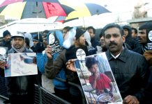 A section of the 2,000-strong demonstration outside the BBC in White City demanding that the BBC must not assist Sri Lanka  genocide against Tamils