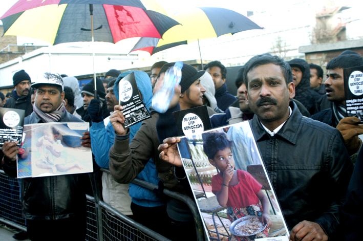 A section of the 2,000-strong demonstration outside the BBC in White City demanding that the BBC must not assist Sri Lanka  genocide against Tamils