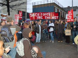 Some of the over 500 students and staff protesting outside London Metropolitan University on Wednesday night