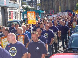 Merseyside firefighters marching in Liverpool in September 2006 during their strike action against cuts