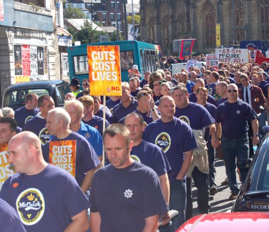 Merseyside firefighters marching in Liverpool in September 2006 during their strike action against cuts