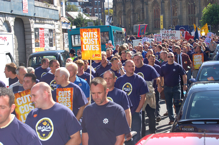 Merseyside firefighters marching in Liverpool in September 2006 during their strike action against cuts