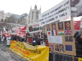 ‘BRITAIN – TAKE ACTION NOW!’ – to stop the Sri Lankan Army killing more Tamil people Demonstrators in Parliament Square held banners and placards condemning the silence of world leaders