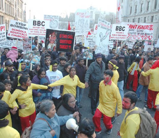 Some of the 125,000 marchers demanding an end to the Sri Lankan Army attack on the Tamil areas of Sri Lanka