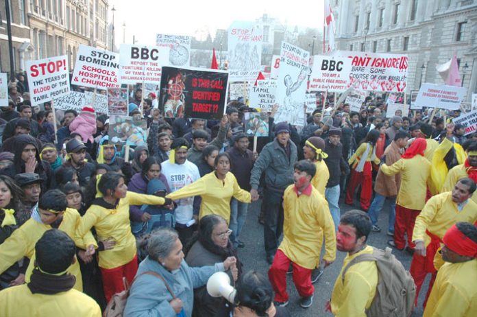 Some of the 125,000 marchers demanding an end to the Sri Lankan Army attack on the Tamil areas of Sri Lanka