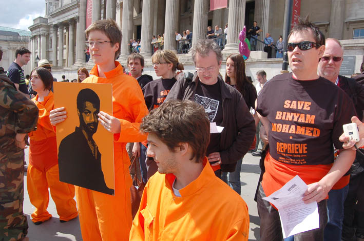 Demonstrators in Trafalgar Square last June demanding immediate action by the Brown government to secure the release of British resident Binyam Mohamed from imprisonment in Guantanamo Bay