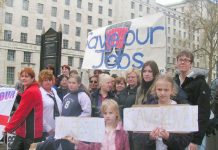 The families of Rover workers demanding that the Longbridge plant stay open. It was closed after the May 2005 general election and most of the workforce are now working in very low paid jobs