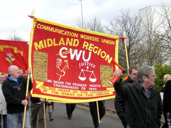 CWU Midlands Region banner on the recent Milton Keynes march against mail centre closures