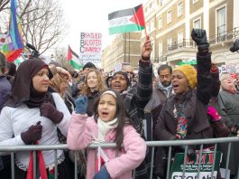 Demonstrators against the Israeli bombing of Gaza condemn the BBC for its refusal to broadcast an appeal for aid for Gaza
