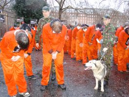 Anti-Guantanamo protest outside the US embassy in London on January 11 2008, the fifth anniversary of the first prisoner being detained at Guantanamo Bay