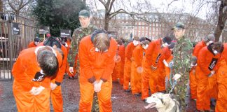 Anti-Guantanamo protest outside the US embassy in London on January 11 2008, the fifth anniversary of the first prisoner being detained at Guantanamo Bay