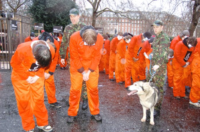 Anti-Guantanamo protest outside the US embassy in London on January 11 2008, the fifth anniversary of the first prisoner being detained at Guantanamo Bay