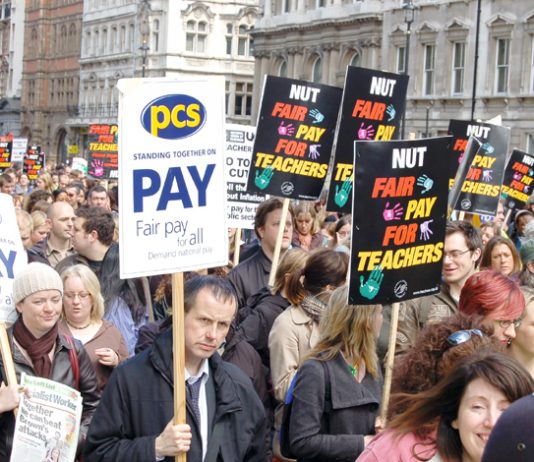 Local government workers marching in London during the national pay strike of the NUT, PCS and UCU unions