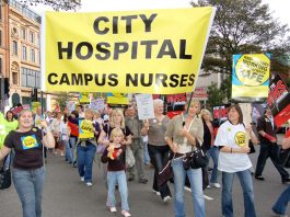 Nurses on a march in Nottingham against cuts in NHS services