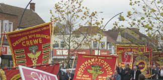 Northamptonshire CWU banner on the march to keep open Milton Keynes Mail Centre