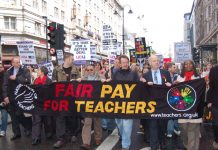 Teachers marching for fair pay during national strike action in April last year