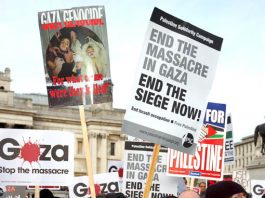 Young protesters in Trafalgar Square condemning Israel’s bombing of Gaza in January