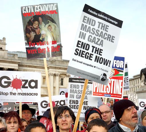 Young protesters in Trafalgar Square condemning Israel’s bombing of Gaza in January