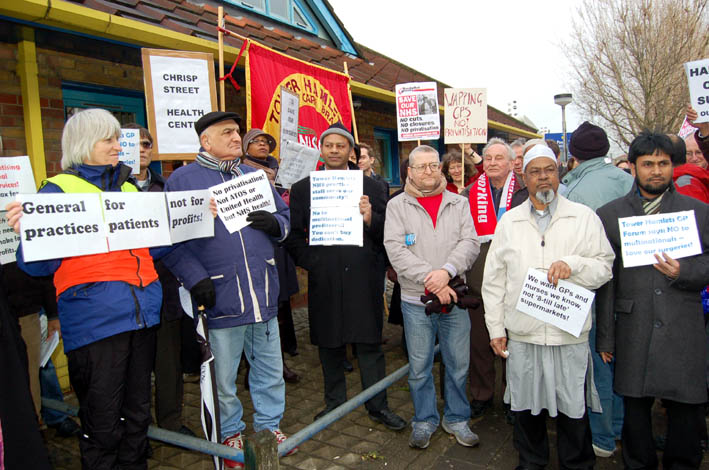 Tower Hamlets doctors, local residents and trade unionists demonstrate against the privatisation of GP surgeries in the borough