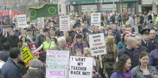 Irish workers taking to the streets of Dublin last month in a massive demonstration against the government’s crisis measures