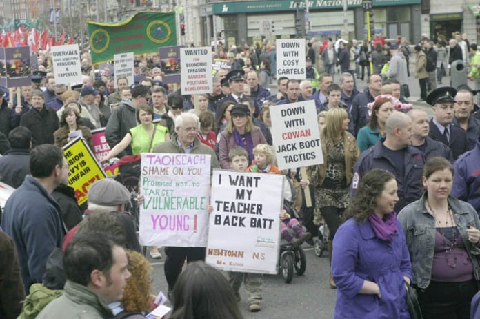 Irish workers taking to the streets of Dublin last month in a massive demonstration against the government’s crisis measures