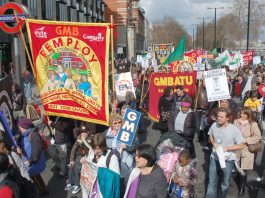 Angry Remploy workers with their banners were part of a large GMB contingent on Saturday’s demonstration