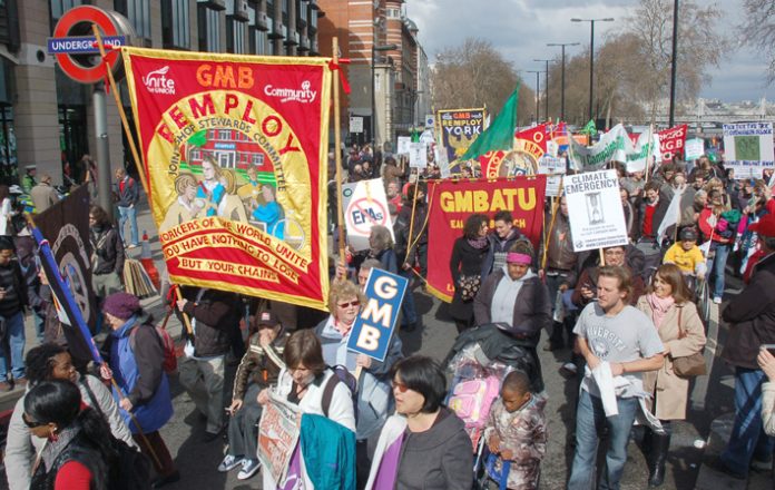 Angry Remploy workers with their banners were part of a large GMB contingent on Saturday’s demonstration
