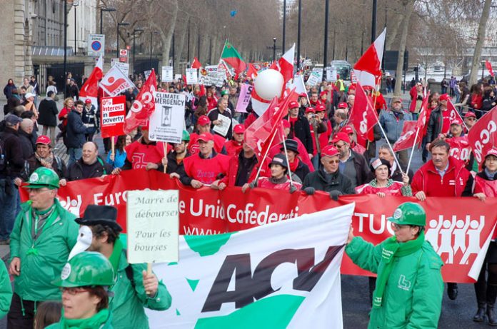 Trade unionists from all over Europe joined last Saturday’s 50,000-strong March for Jobs and Justice in London