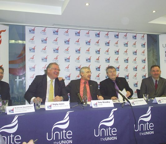 TONY WOODLEY (centre) enjoying a joke with bosses’ leader Lord DIGBY JONES who wants to see workers on a two-day week