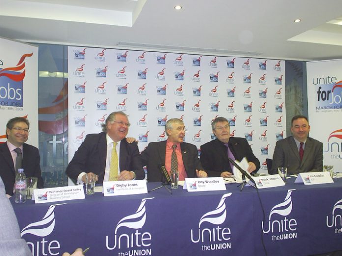 TONY WOODLEY (centre) enjoying a joke with bosses’ leader Lord DIGBY JONES who wants to see workers on a two-day week