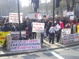 The continuing protest outside parliament demanding that the Brown government acts to halt the Sri Lankan army shelling of Tamil areas in northern Sri Lanka, which has already killed and wounded many thousands of people