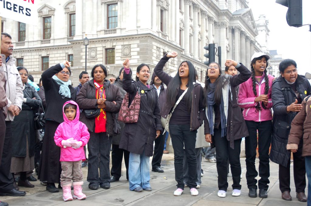 ‘Stop using – chemical weapons!’, ‘Indian army – go home!’, ‘Tamil Tigers – freedom fighters!’ chanted the 300-strong demonstration opposite the Houses of Parliament yesterday afternoon