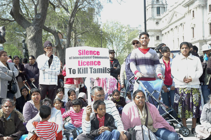 Tamils continuing their non-stop demonstration against Sri Lankan army atrocities outside parliament yesterday