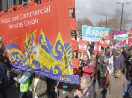 PCS banner on the TUC’s ‘Put People First’ demonstration on March 28 in London, just before the G20 summit
