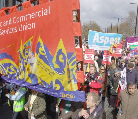 PCS banner on the TUC’s ‘Put People First’ demonstration on March 28 in London, just before the G20 summit