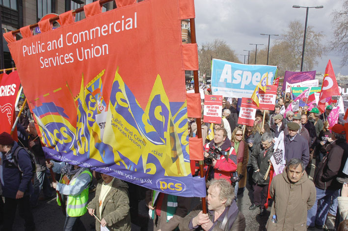 PCS banner on the TUC’s ‘Put People First’ demonstration on March 28 in London, just before the G20 summit