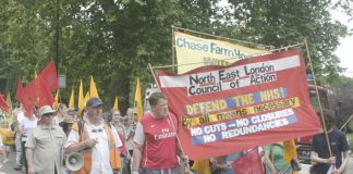 The North-East London Council of Action marching to defend Chase Farm Hospital – a call was made yesterday for a  mass demonstration on June 6 against the closure plans