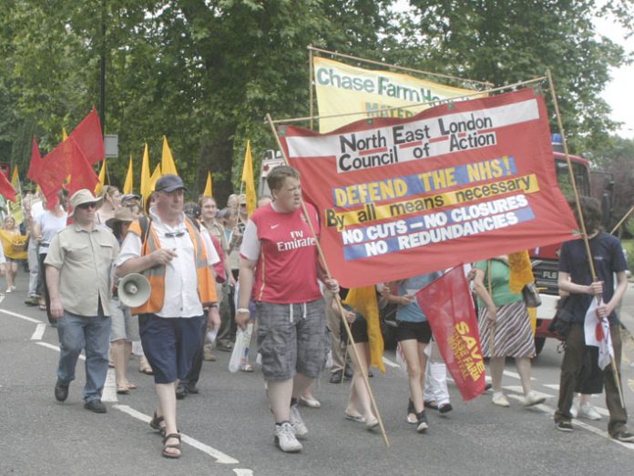 The North-East London Council of Action marching to defend Chase Farm Hospital – a call was made yesterday for a  mass demonstration on June 6 against the closure plans