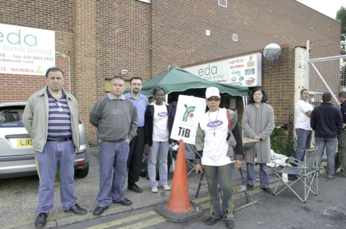 Sacked Visteon workers on the picket line yesterday – they remain in good spirits and confident of victory