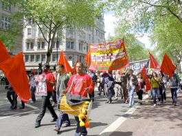 Workers Revolutionary Party banner on the May Day demonstration in London