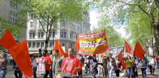 Workers Revolutionary Party banner on the May Day demonstration in London